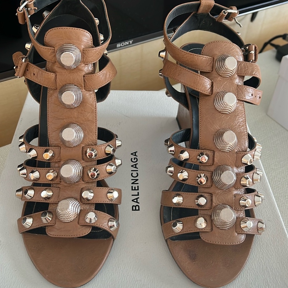 Balenciaga studded wedge in camel color with studded detail on two strap sandal